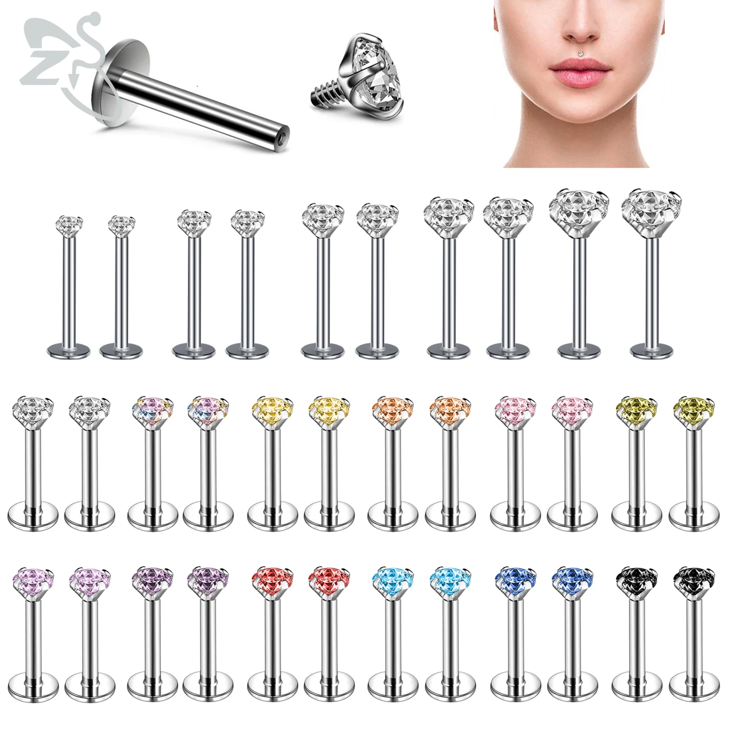 ZS 10 Teile/los Bunte CZ Kristall Labret Lip Monroe Piercing Set 16g Edelstahl Knorpel Tragus Helix Piercings 6/8/10 MM Image