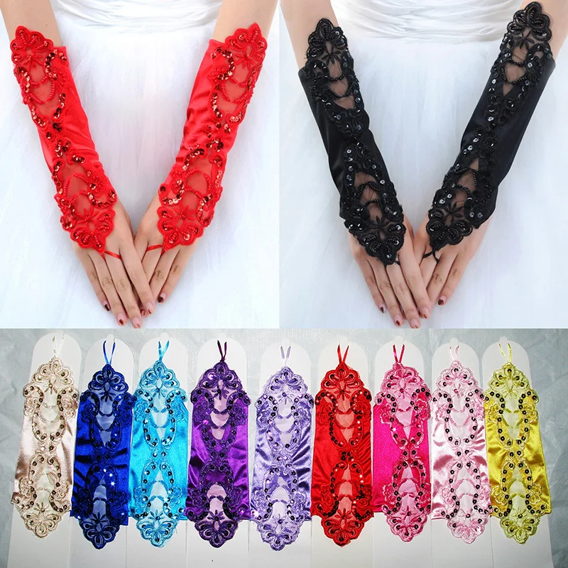 Mode Sexy Frauen Weibliche Kurze Halb Finger Satin Naht Perle Handschuhe Mode Sexy Lady Retro Spitze Fahren Finger Handschuhe B96 Image