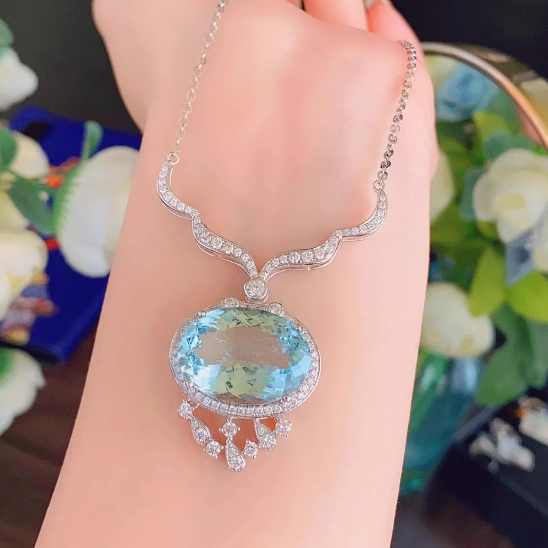 925 Silber Luxus Meer blau Farbe Zirkon Schmuck lange Quaste Wasser tropfen Anhänger Halskette Braut Hochzeits feier Schmuck für Frauen Image