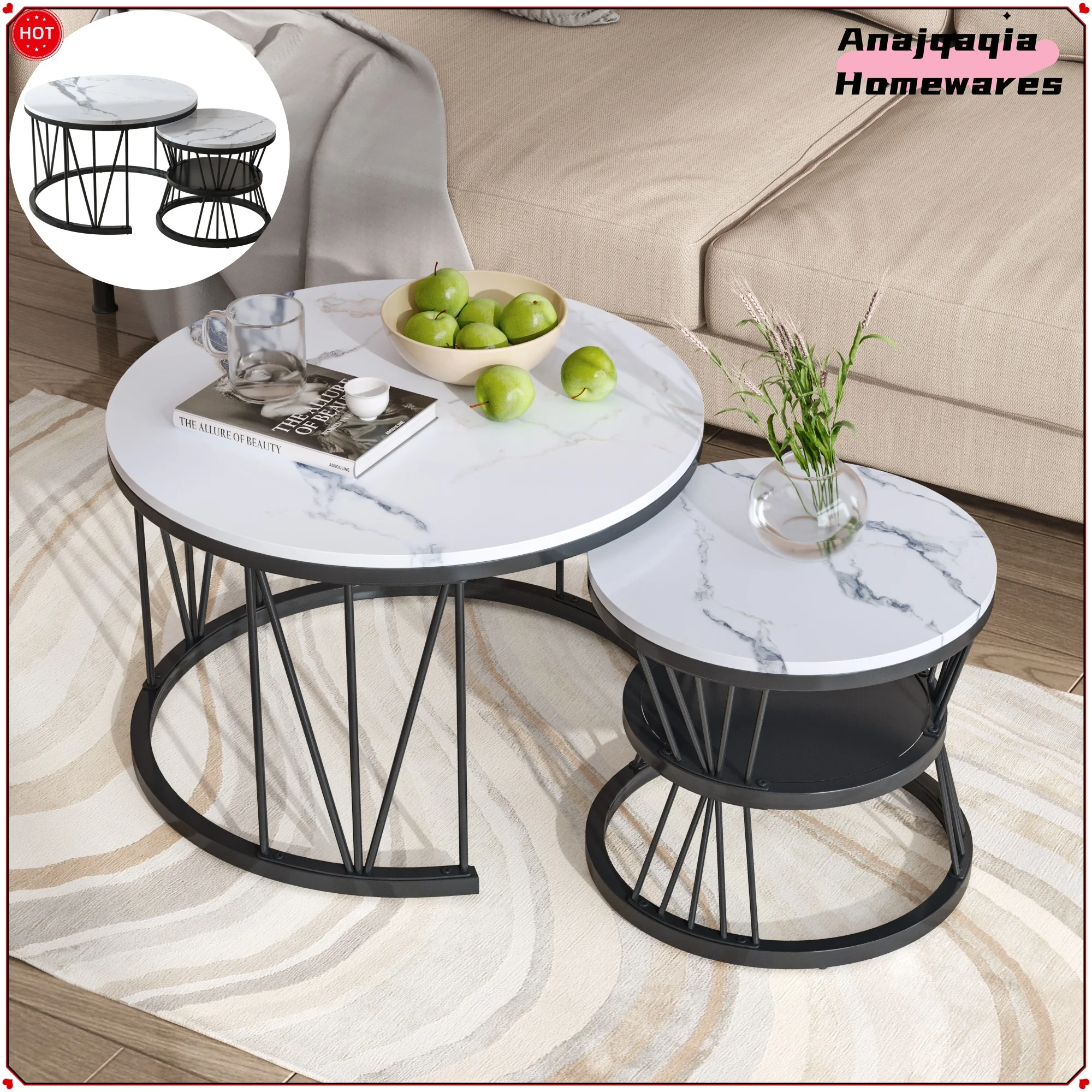 Anajqaqia 2er-Set Couchtische, Beistelltische, moderner runder Wohnzimmer-Beistelltisch, rund, mit Stauraum und goldenem Metallrahmen