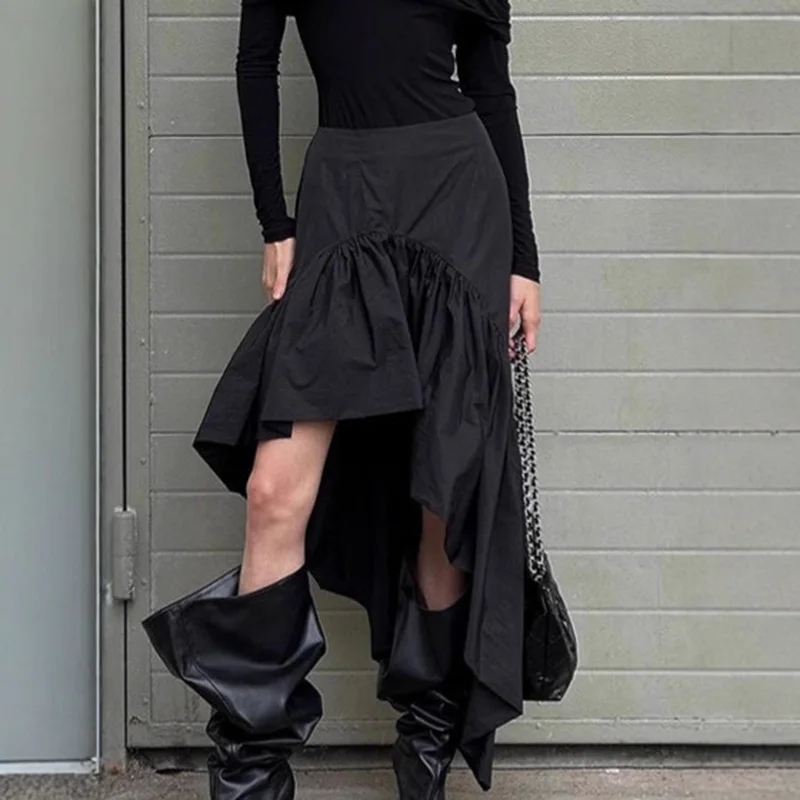 TARUXY Pendeln Schwarz Rüschen Rock Für Frauen Asymmetrische Hohe Taille A-linie Rock Mode Splice Weibliche Casual Rock Streetwear