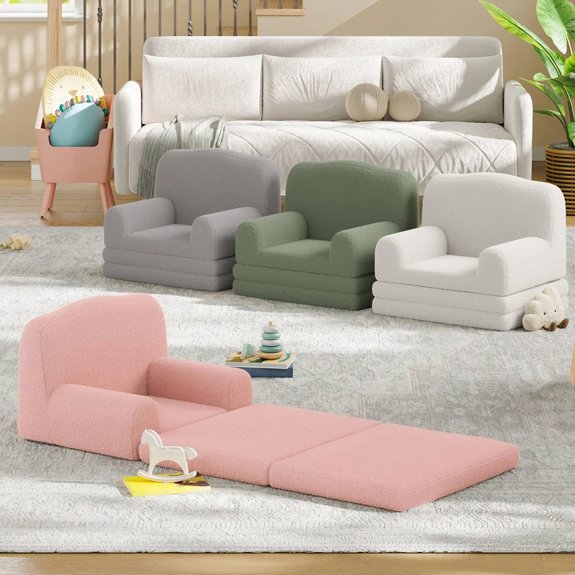 Kinder-Lesestuhl, Sherpa Konvertierbares Kleinkind-Sofa Ausklappbares Schlafsofa mit Waschbarem Bezug, Kronen-Design für Spielzimmer Kinderzimmer