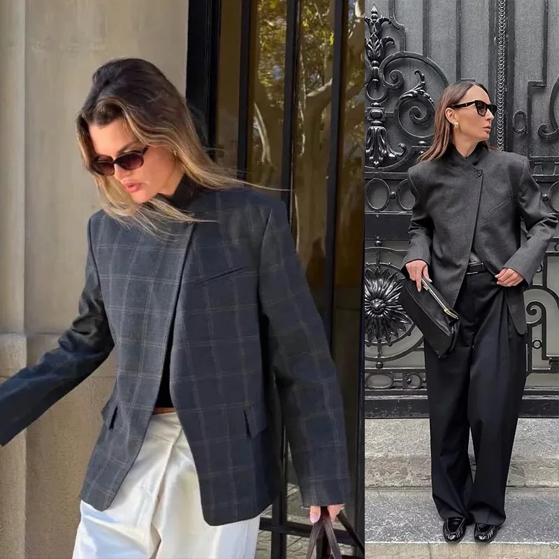 2026 Frühling Damen-Mäntel Stehkragen Asymmetrische Taschen Grau Karierte Blazer Herbst Damen-Oberbekleidung Vintage Streetwear