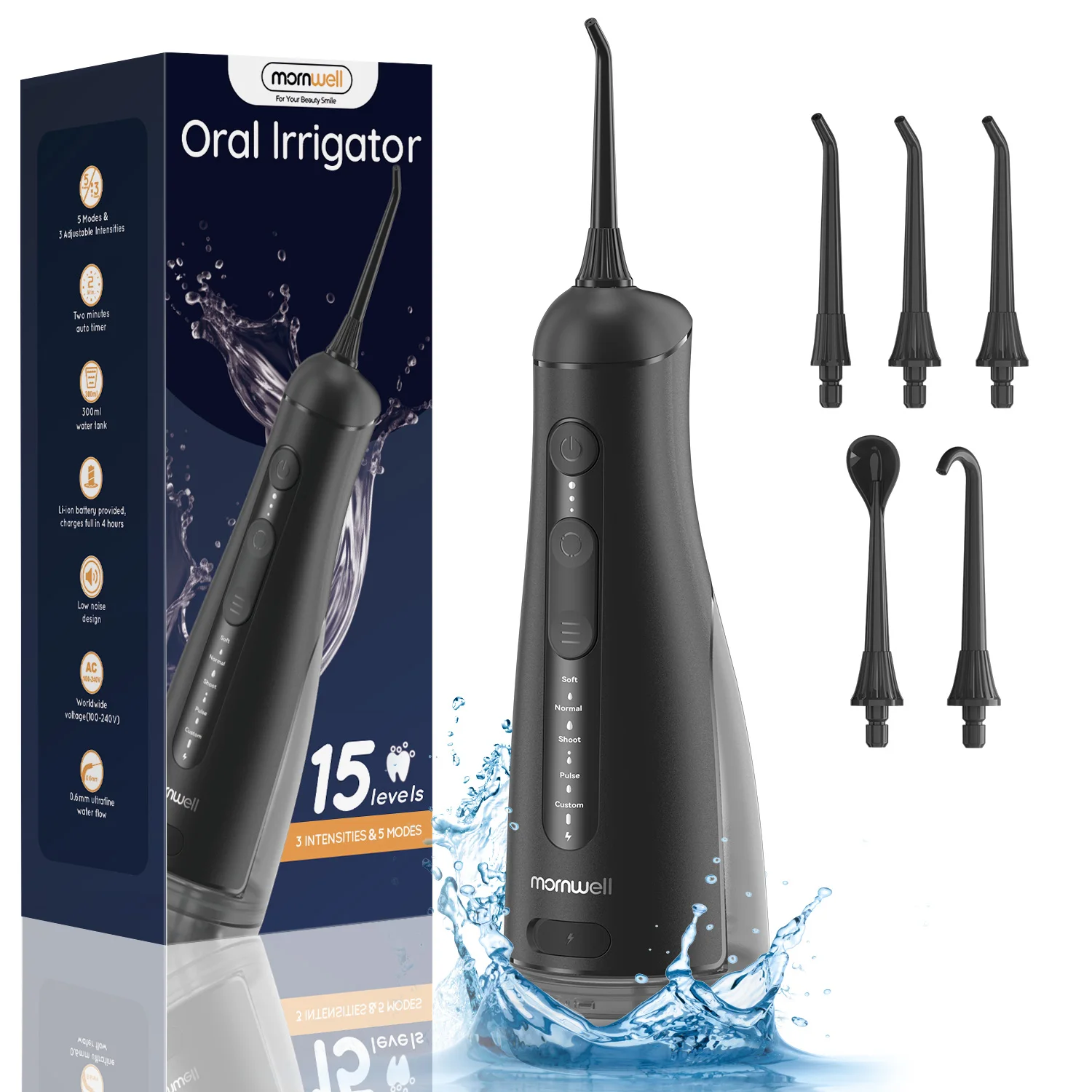 Tragbare Munddusche mit 5 Strahlspitzen, 5 Reinigungsmodi mit 3 Wasserdruck, 300 ml Wassertank, IPX7 wasserdichte Wasserflosser Image