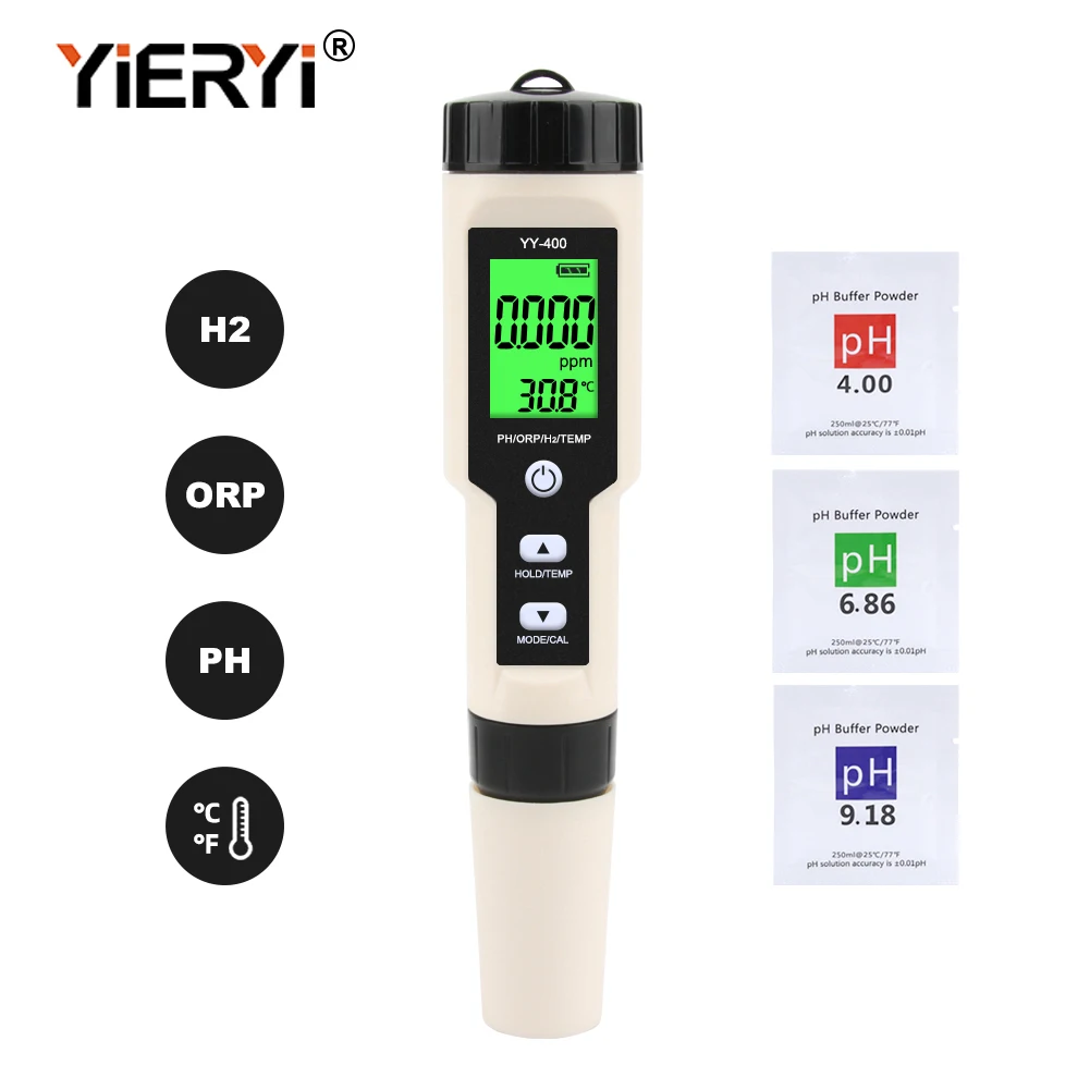 Yieryi Wasserstoff-Wassertester 4-in-1 H2 PH ORP TEMP Messgerät Reaktiver Sauerstoffanalysator ATC 0-2400PPb für Aquarien Pools Spa Image