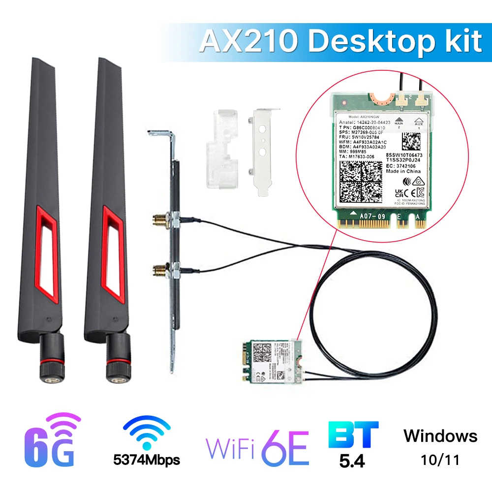 Tri-Band WI-FI 6E Intel AX210 Bluetooth 5.4 5374Mbps M.2 Drahtlose WLAN-Karte AX210NGW 2.4G/5G/6G 802.11ax Mit Antennen-Kit Win11 Image