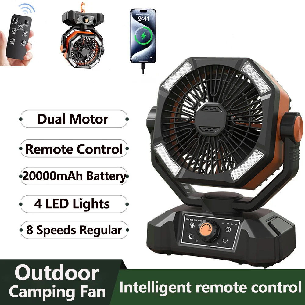 Campingventilator mit 4 LED-Laterne, 8 Geschwindigkeiten, normale Zeit, Schreibtischventilator, 20.000 mAh Akku, tragbarer Outdoor-Ventilator für Camping-Angeln im Freien Image