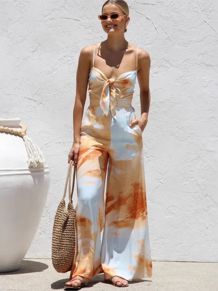 Sommer Neue Druck Spaghetti Strap overalls Frauen Sexy Low Cut Bowknot Bowknot Hohe Taille Breite Bein Overall Urlaub Stil Weibliche Image