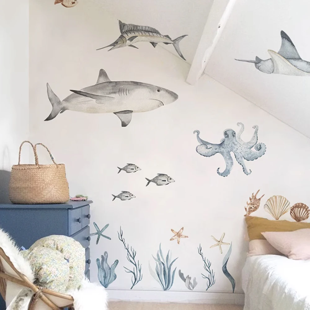 Große Aquarell Haie Wandtattoos Ozean Tier Wandaufkleber Unter Dem Meer Meeresleben Thema Aufkleber Kinderzimmer Kinderzimmer Dekor