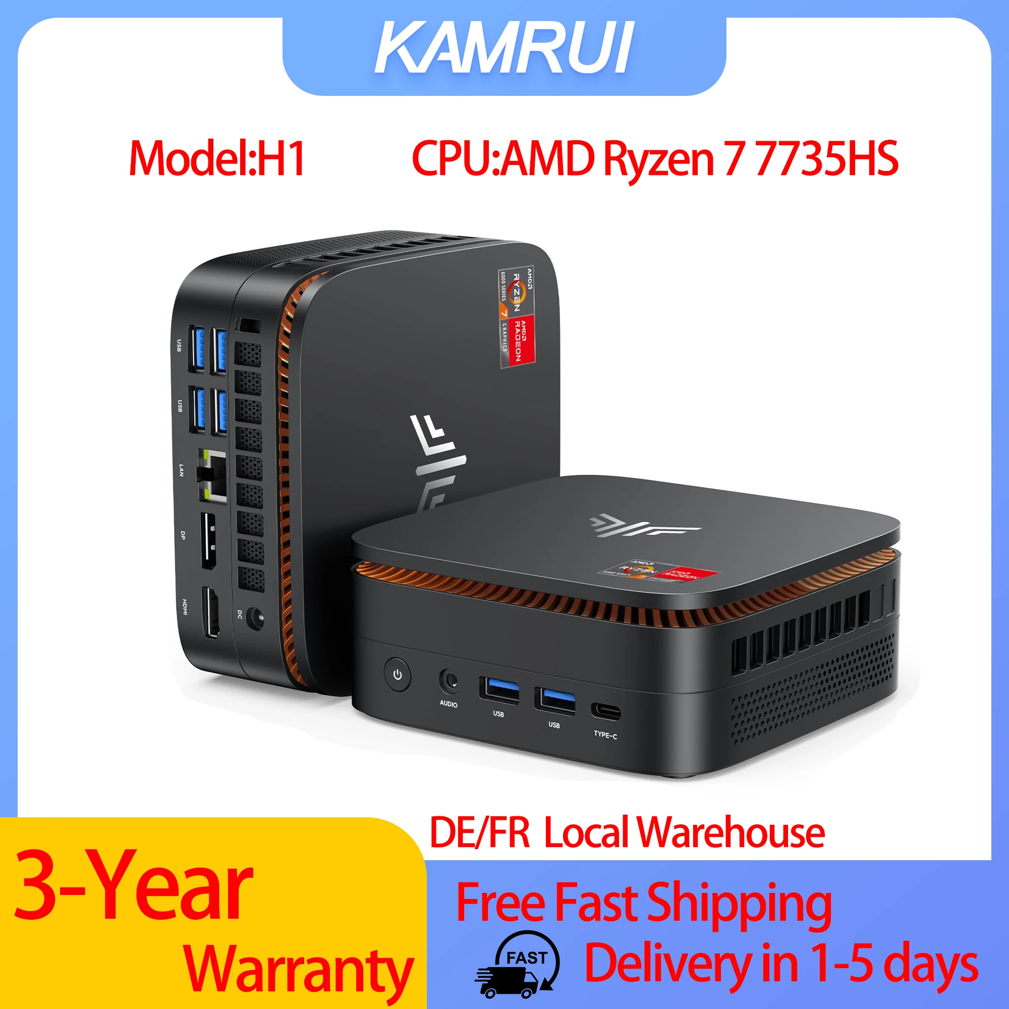 NIPOGI Mini-PC mit AMD Ryzen 7 7735HS 16GB DDR4 512GB M.2 SSD Mini-Gaming-PC mit USB Typ-C Unterstützt Dreifach-4K-Anzeige Image
