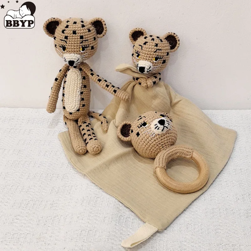 Personalisierung Handtuch häkeln Leopard Baby Beißring Stofftier Puppe Buche Holz Neugeborenen Beißring Ring Schnuller Clip Baby Geburt Image