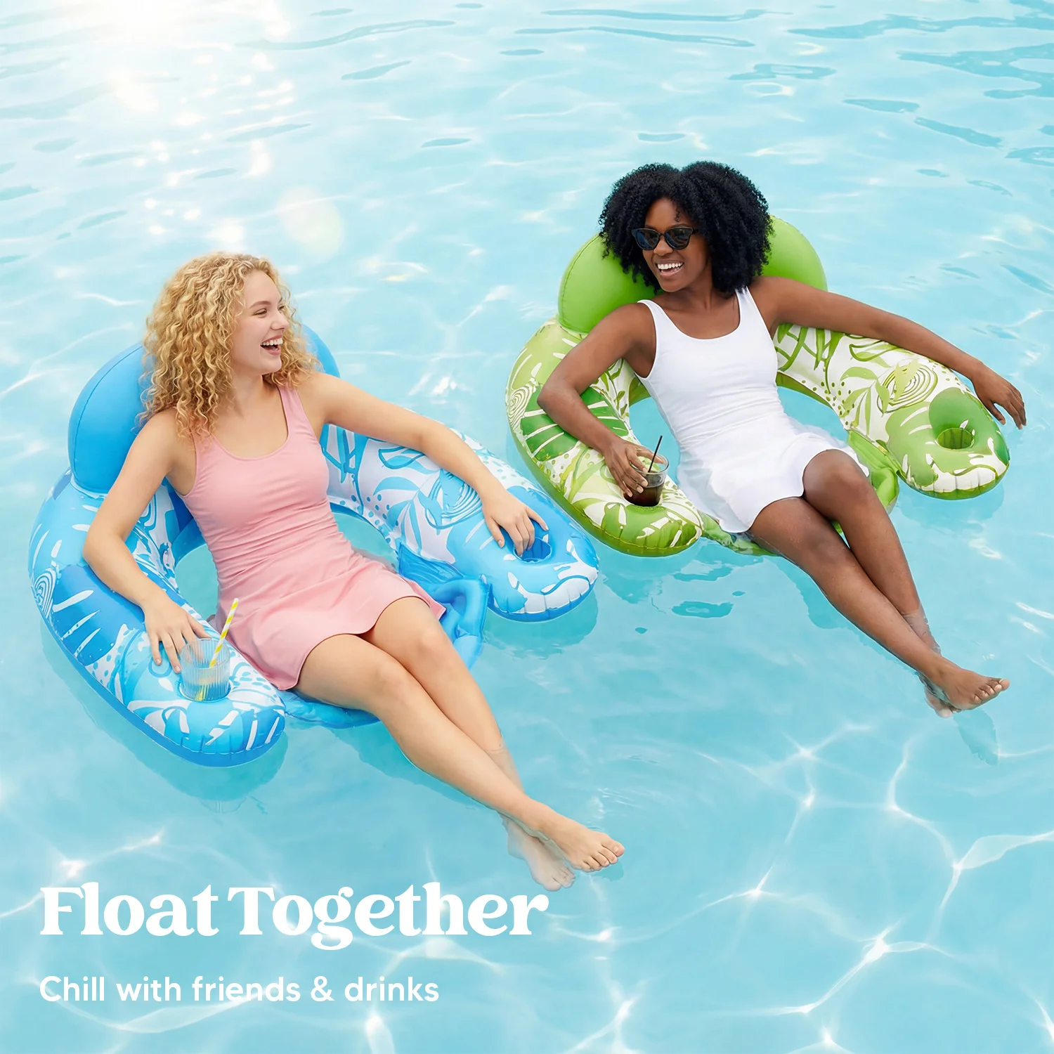 Sloosh Aufblasbare Pool-Schwimmsessel für Erwachsene, 2er-Pack mit Getränkehaltern, aufblasbare Schwimmsessel für Sommerpartys Image