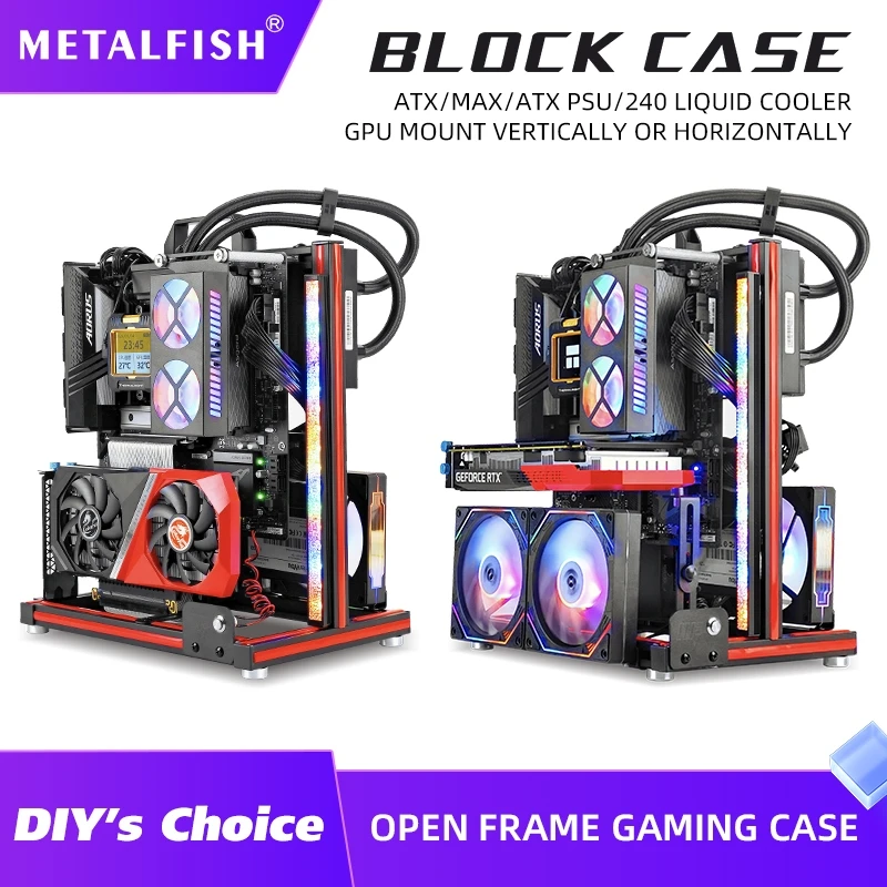 METALFISH BlockCase Aluminium-Gehäuse mit offenem Rahmen, unterstützt ATX/M-ATX, Mainboard, GPU-Halterung, horizontal 240, Flüssigkeitskühler, Gaming-Schrank Image