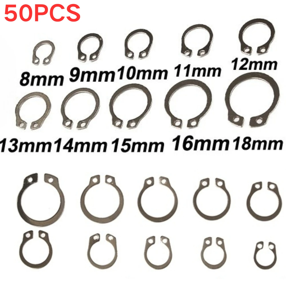 50-teiliges Sicherungsring-Set, extern/intern, C-Typ, Sicherungsring-Set, Schnappring-Set, für Löcher, Wellenkragen, Unterlegscheiben, Edelstahl Image