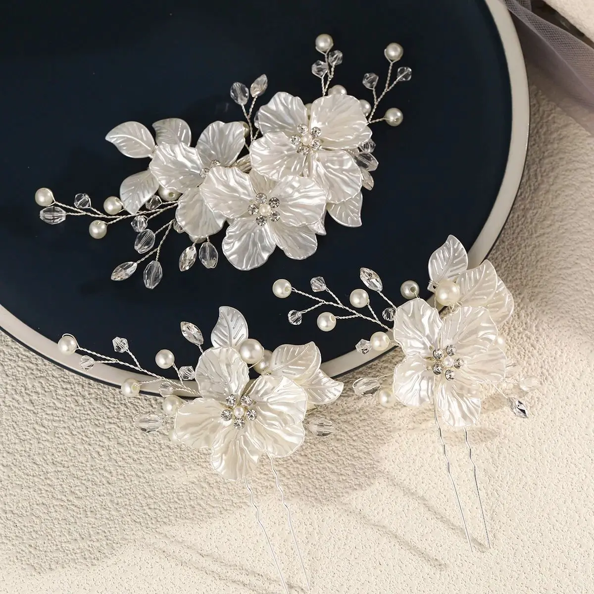 3pc Luxus Acryl Blume Haar Clip & Pin Set Braut Hochzeit Exquisite Schmuck Haar Zubehör Handgemachte Perle Haarspange für Mädchen Image