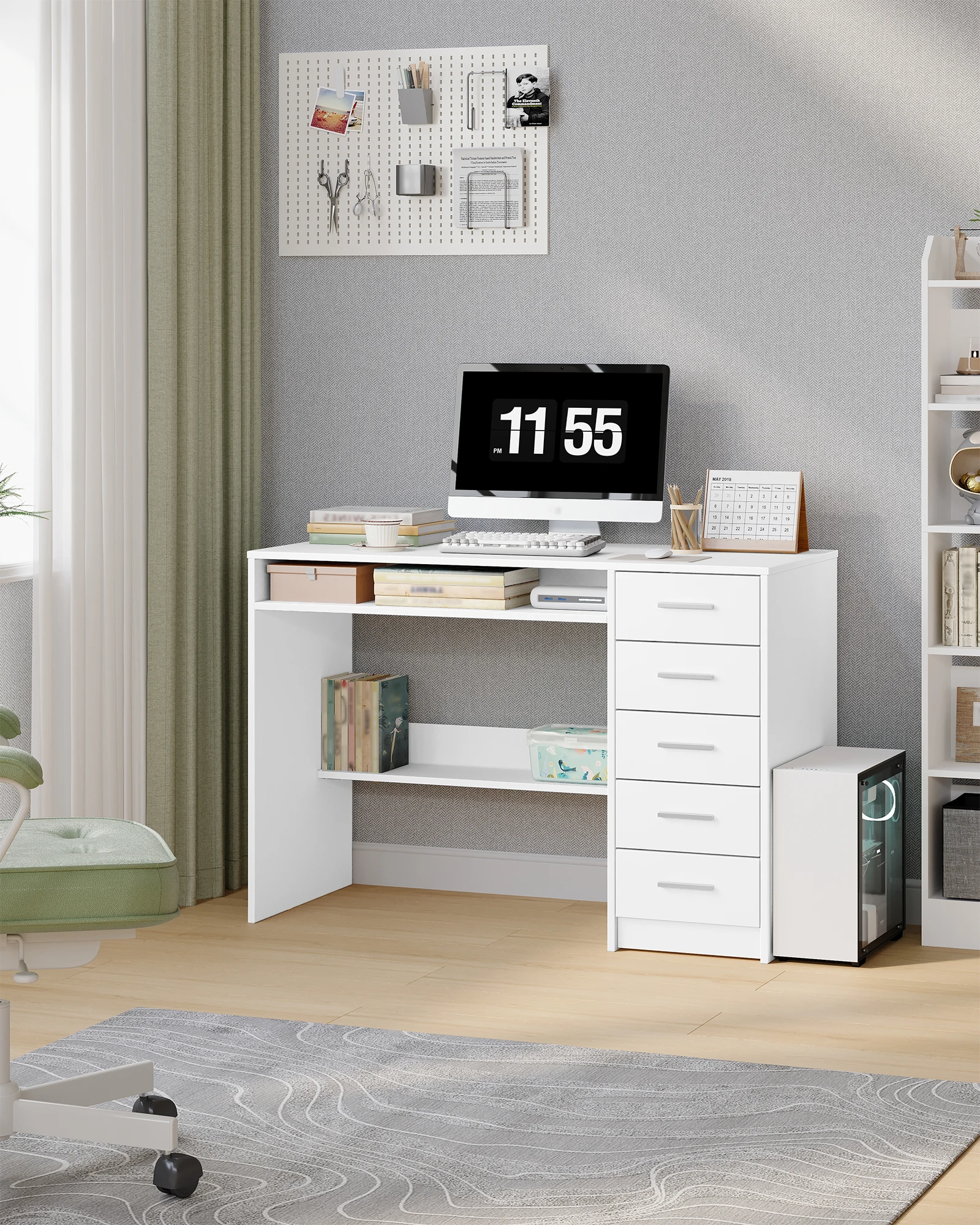 Schreibtisch, Computertisch mit 5 Schubladen, Bürotisch mit minimalistischem Design, moderner PC-Tisch, geeignet für Studium, Büro, Schlafzimmer, Weiß