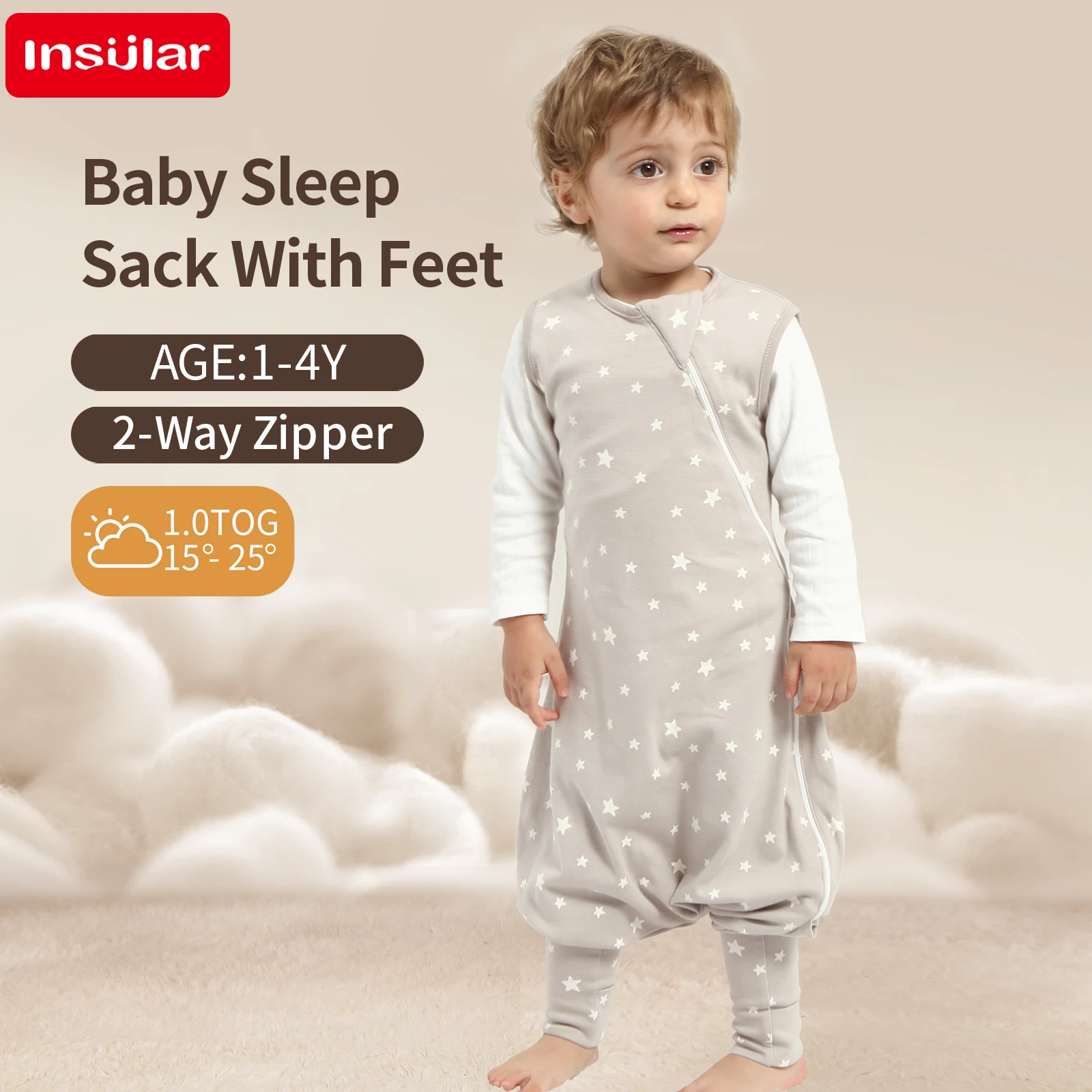 INSULAR Weicher Baby-Schlafsack mit Füßen, ärmelloser Schlafsack für Kleinkinder, Homewear für Kinder, Premium-Baumwolle, 2-Wege-Reißverschluss, 4 Jahreszeiten Image