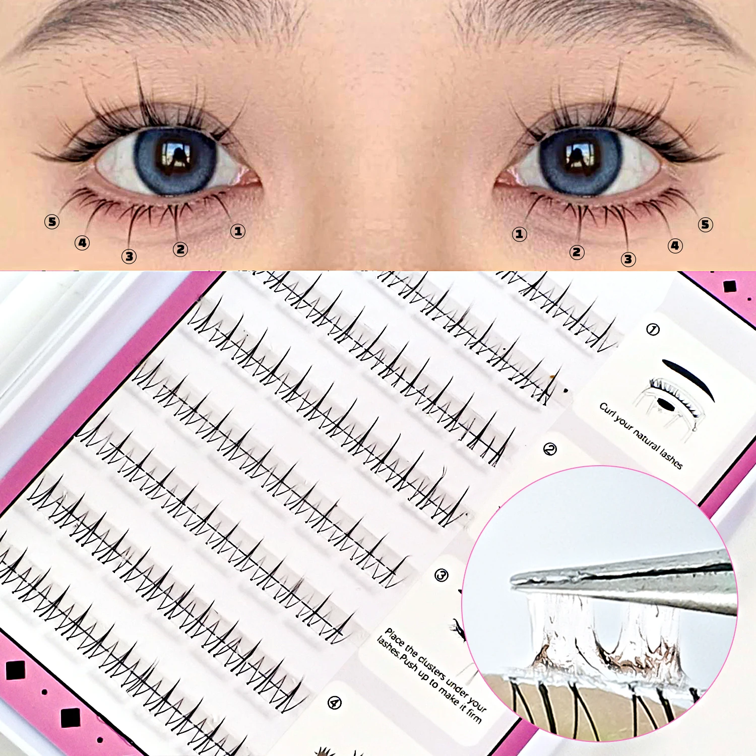 Selbstklebende untere Wimpern, kein Kleber erforderlich, wiederverwendbar unter der Wimpern, koreanisch/Make-up, DIY, individuelle Manga-Wimperncluster Image