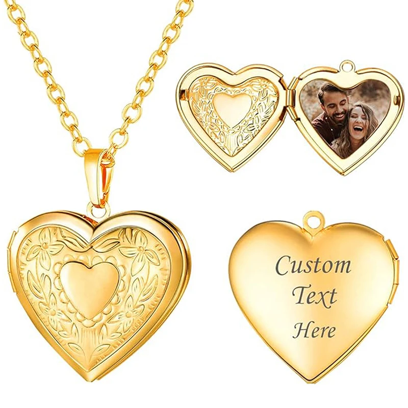 Personalisierte Medaillon-Halskette Benutzerdefiniertes Foto Text Herz-Halskette Gravierter Name Edelstahl Herzförmiger Anhänger Schmuck Image