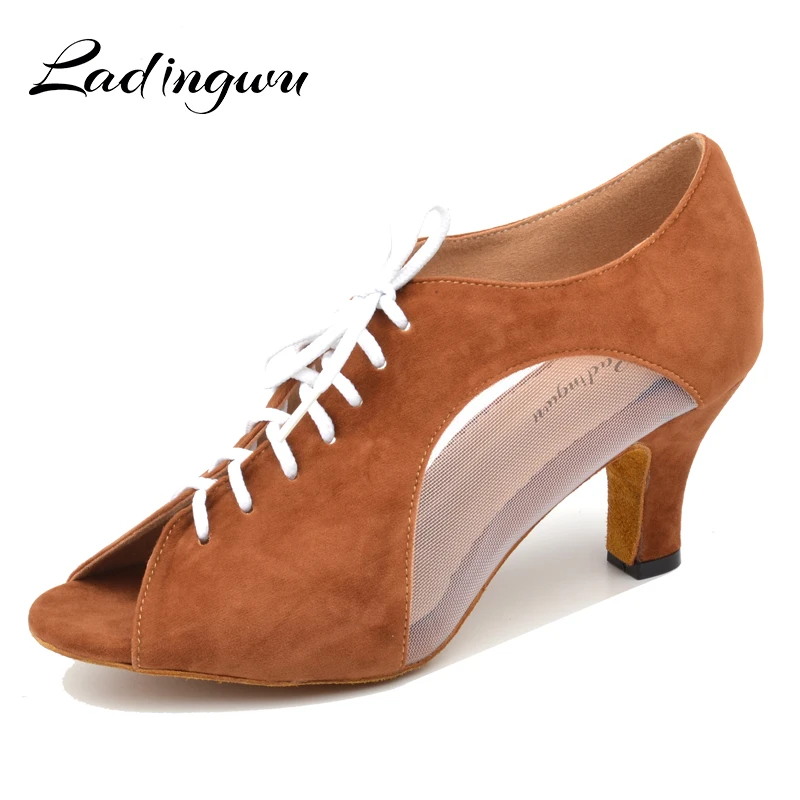 Ladingwu Flanell und Mesh Tanz Schuhe Latin Frau Salsa Tanzen Schuhe Rot Frauen Ballsaal Schuhe Dance Weichen Boden Ferse 5 /6/7 cm