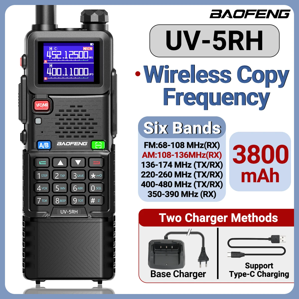Baofeng UV-5RH Air Band Walkie Talkie 3800 mAh wiederaufladbare kabellose Kopierfrequenz Typ-C 999CH für UV 5R Long Range Amateurfunk Image