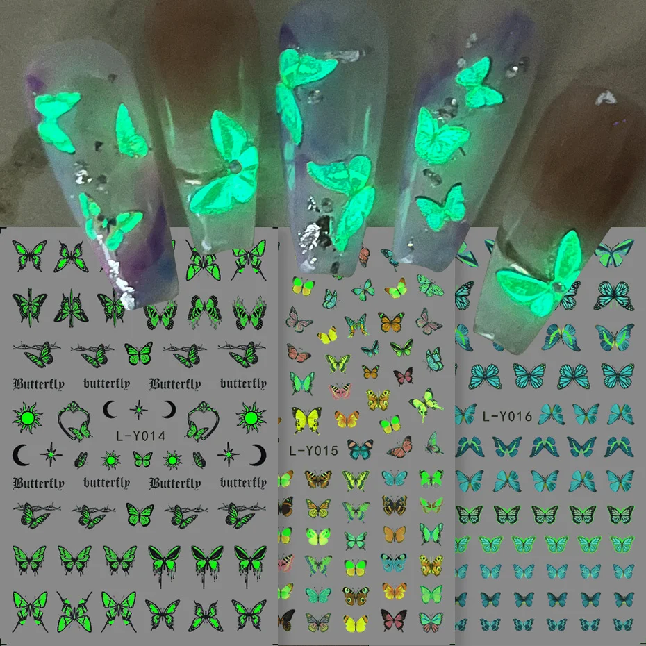 3 Stück leuchtende Schmetterlings-Nagelaufkleber, buntes blaues Schmetterlings-Serien-Design, leuchtet im Dunkeln, Nachtpolitur, Schieberegler, Maniküre Image