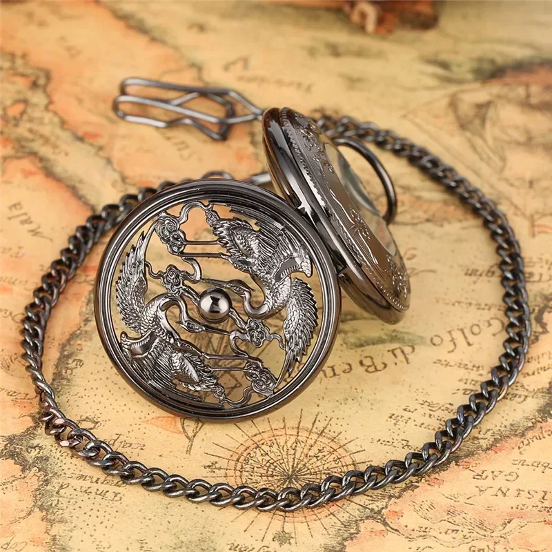 Retro Aushöhlen Kraniche Männer Frauen handaufzug Mechanische Taschenuhr Manuelle Skeleton Uhr Römische Zahlen Uhren Anhänger Kette Image