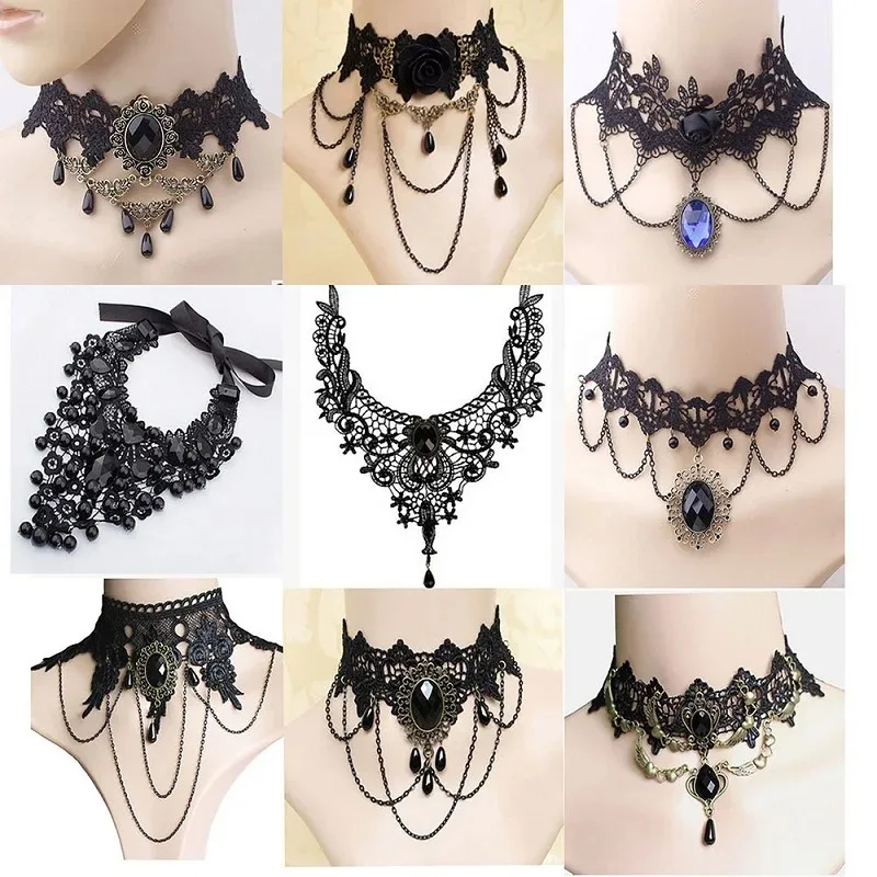 Gothic Viktorianische Schwarze Spitze Halskette Frauen Mädchen Boho Kristall Quaste Sexy Spitze Halsband Dark Loli Stil Urlaub Party Mädchen Schmuck