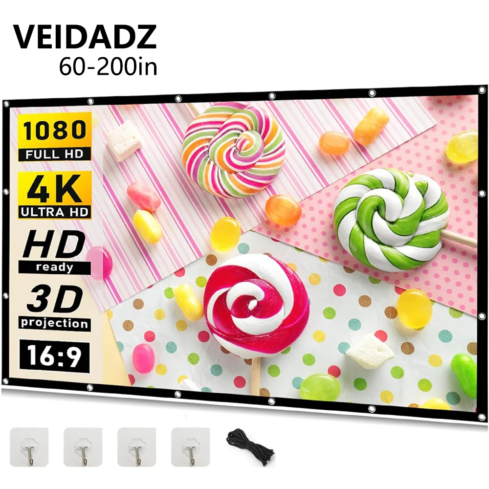 VEIDADZ Projektorleinwand, weiß, weniger Falten, 60–200 Zoll, weiche, hochdichte, tragbare, faltbare Projektionsleinwand für Outdoor-Filme Image