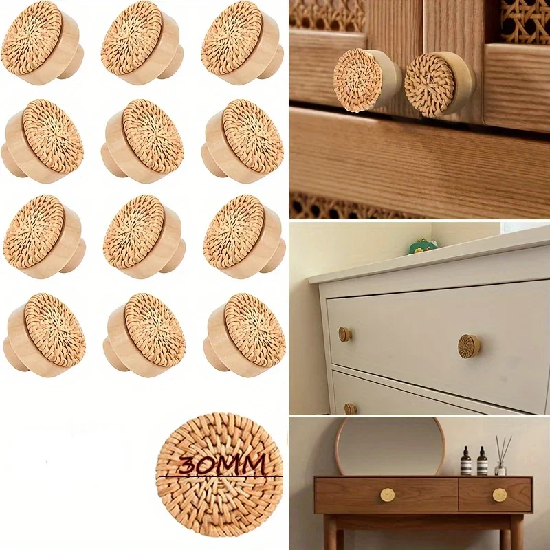 Massivholz-Türgriff, kreisförmig, klein, Rattan-Weberei, kreativer Einloch-Schrank, Kleiderschrank, Schuhschublade, Hardware, minimalistisch