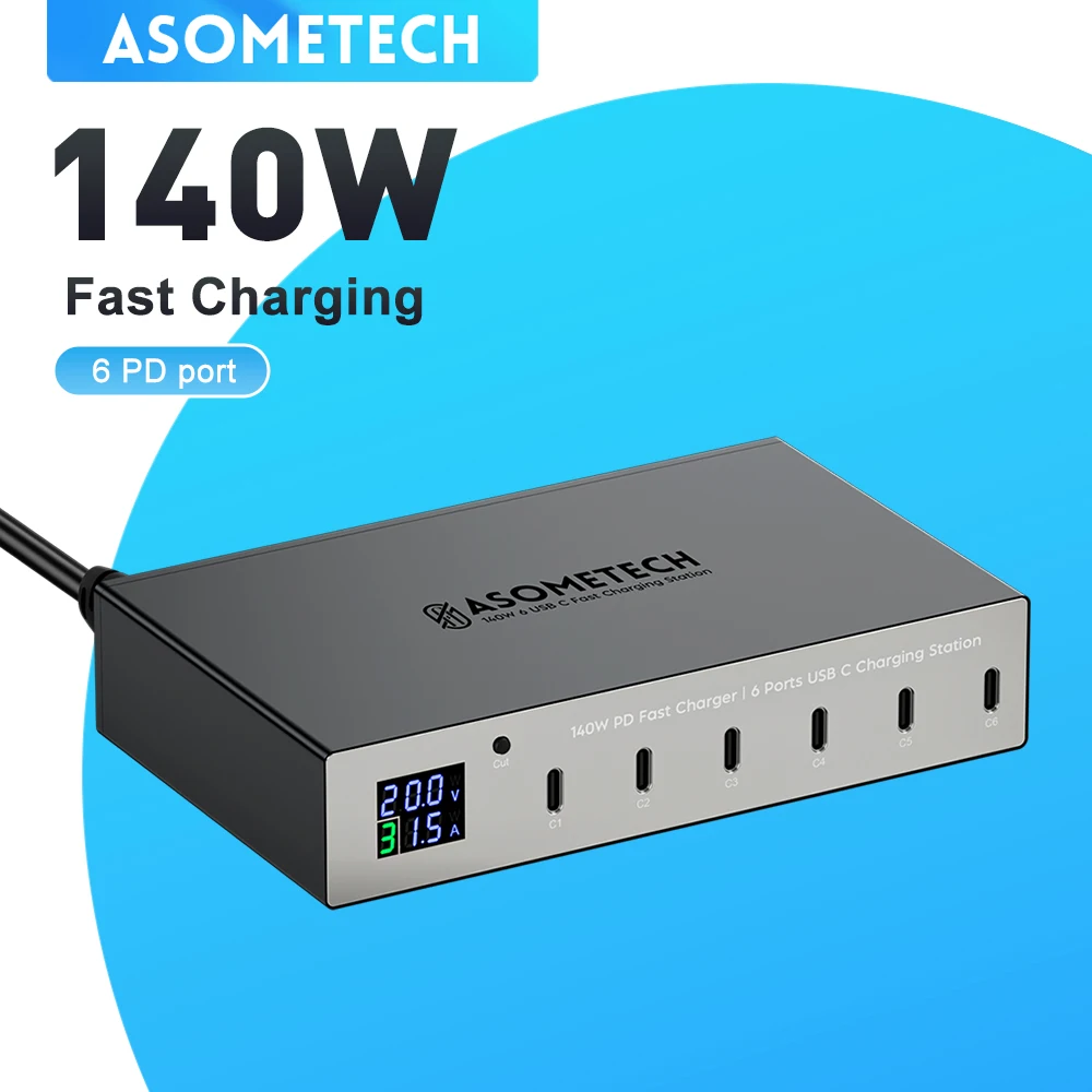 140 W USB C Schnellladegerät 6 Ports PD 30 W Typ C Ladestation mit Digitalanzeige für IPhone 14 13 Pro Max Xiaomi Ipad Samsung Image