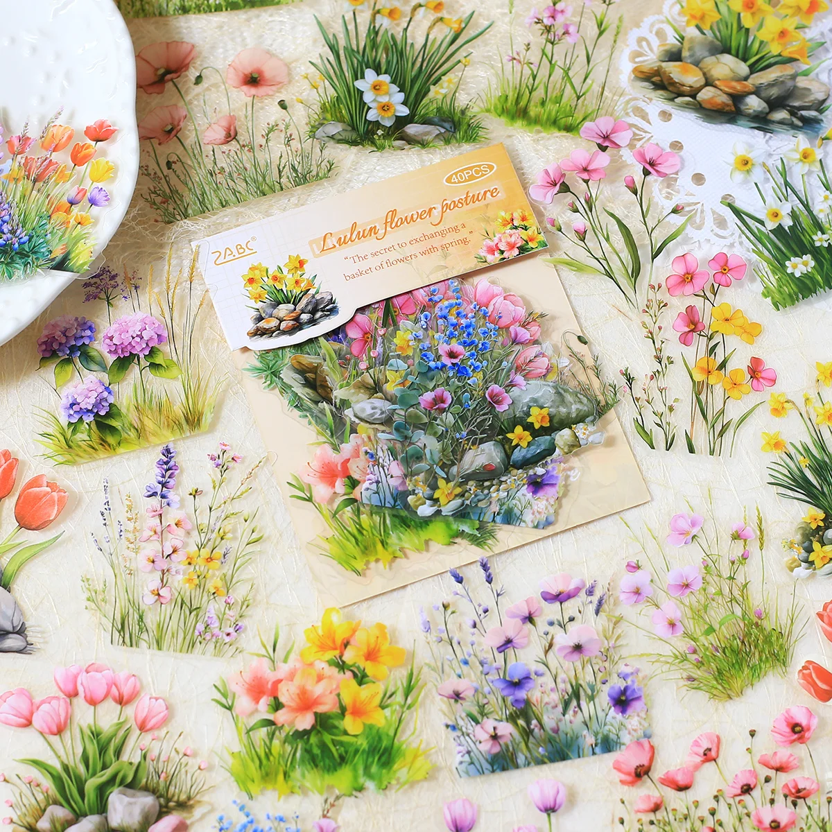 40 Stück PET-Blumenmuster, Scrapbook-Aufkleber, Tagebuch, Dekoration, Scrapbooking-Zubehör, handgefertigt, dekorativ, Junk-Journal-Zubehör Image