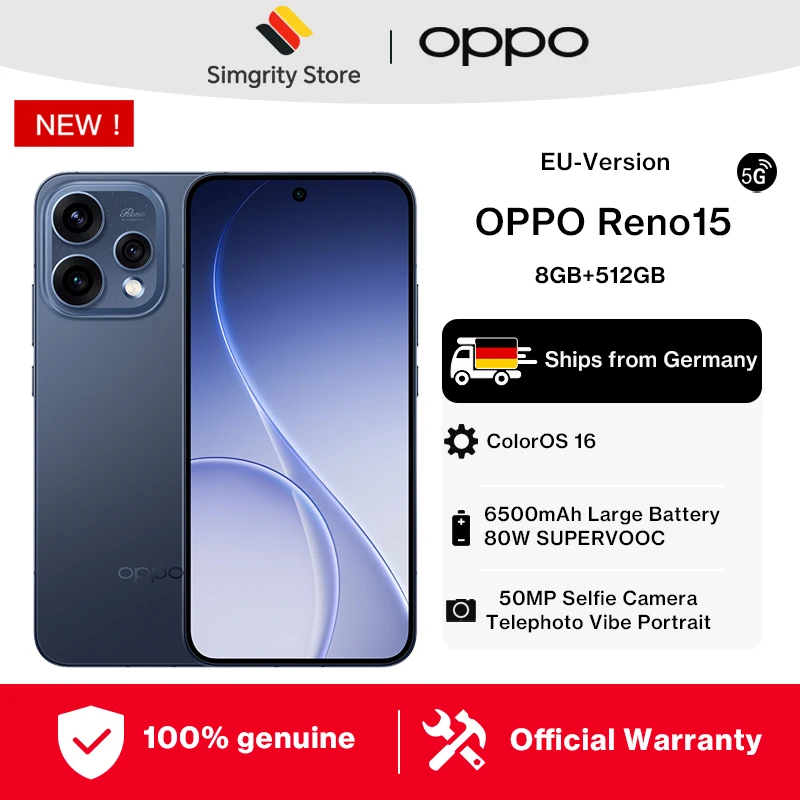 EU-Version Smartphone OPPO Reno15 5G 8 GB + 512 GB Blau, ColorOS 16.0, Snapdragon 7 Gen 4, 6500 mAh, 80 W, 6,59 Zoll, 2372 × 1080 Pixel, 50 MP OIS-Kamera, NFC, Wi-Fi 6, Bluetooth 5.4, GPS, offizielle Garantie