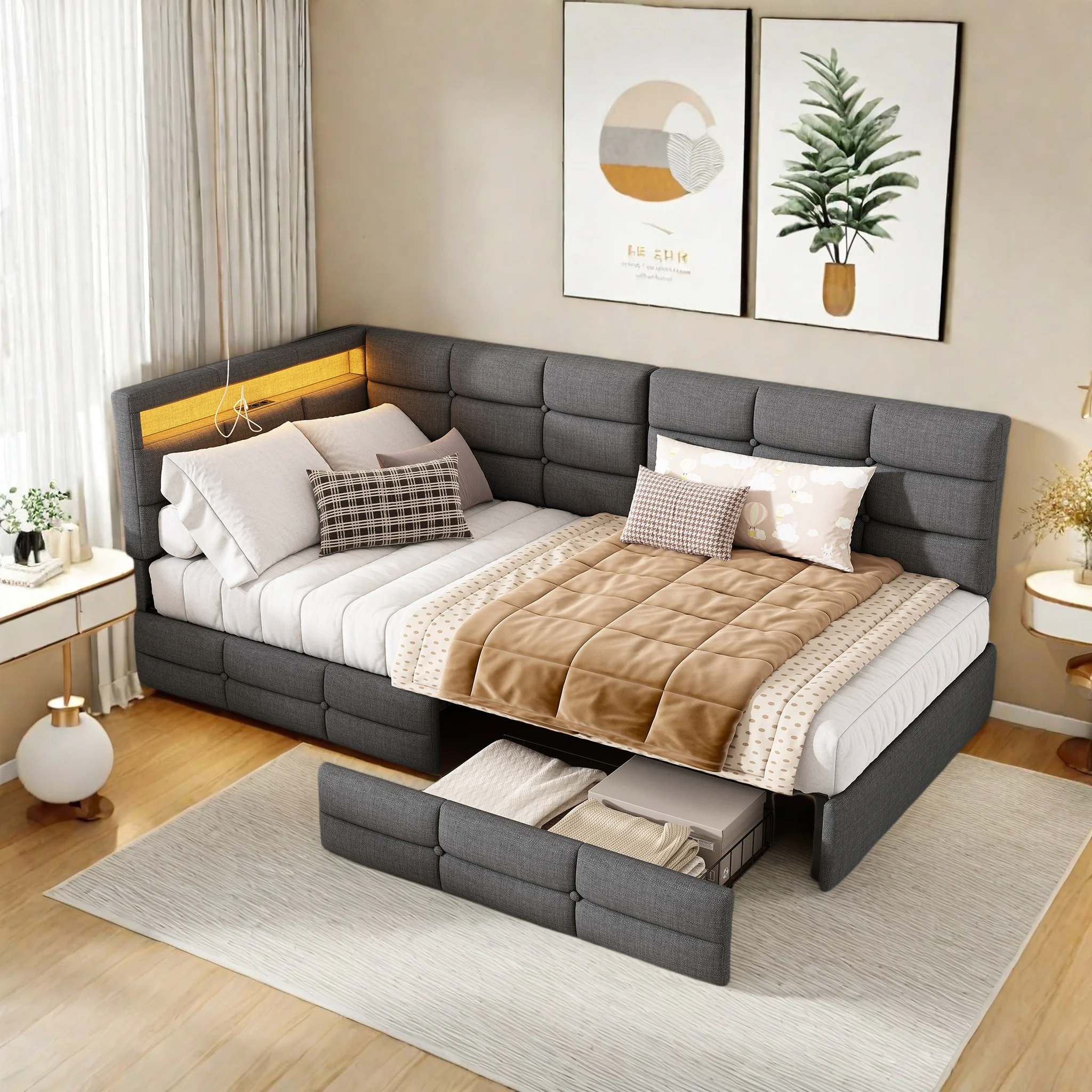 Schlafsofa 90x200 cm, Polsterbett Einzelbett mit 2 Schubladen, Jugendbett Kinderbett Gästebett, Stauraumbett Bettgestell, Leinen