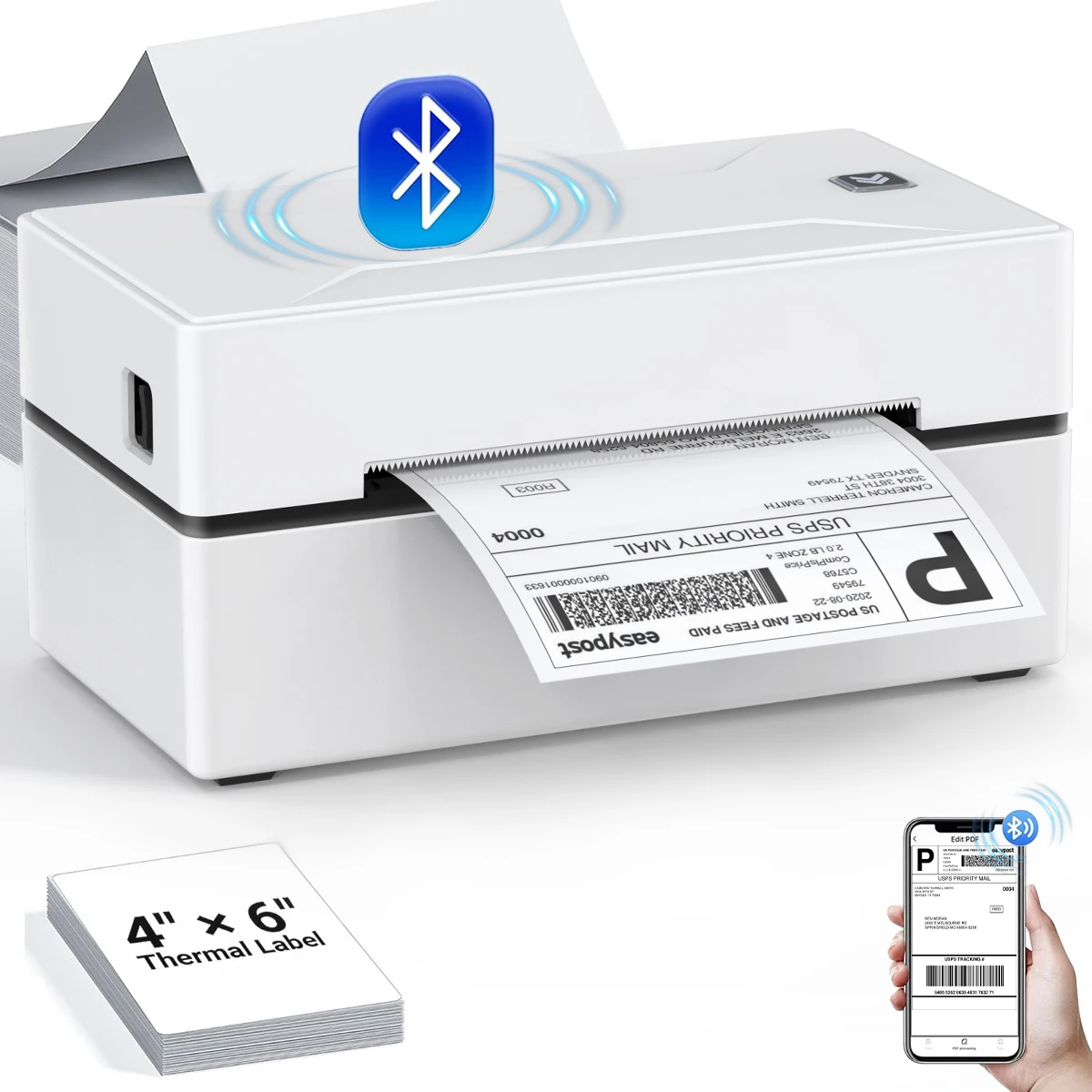 Marklife Thermoetikettendrucker D100, tragbar, Bluetooth, kabellos, kleiner Versanddrucker, 4 x 6 Zoll, unterstützt Android, Mac, iOS, Windows Image
