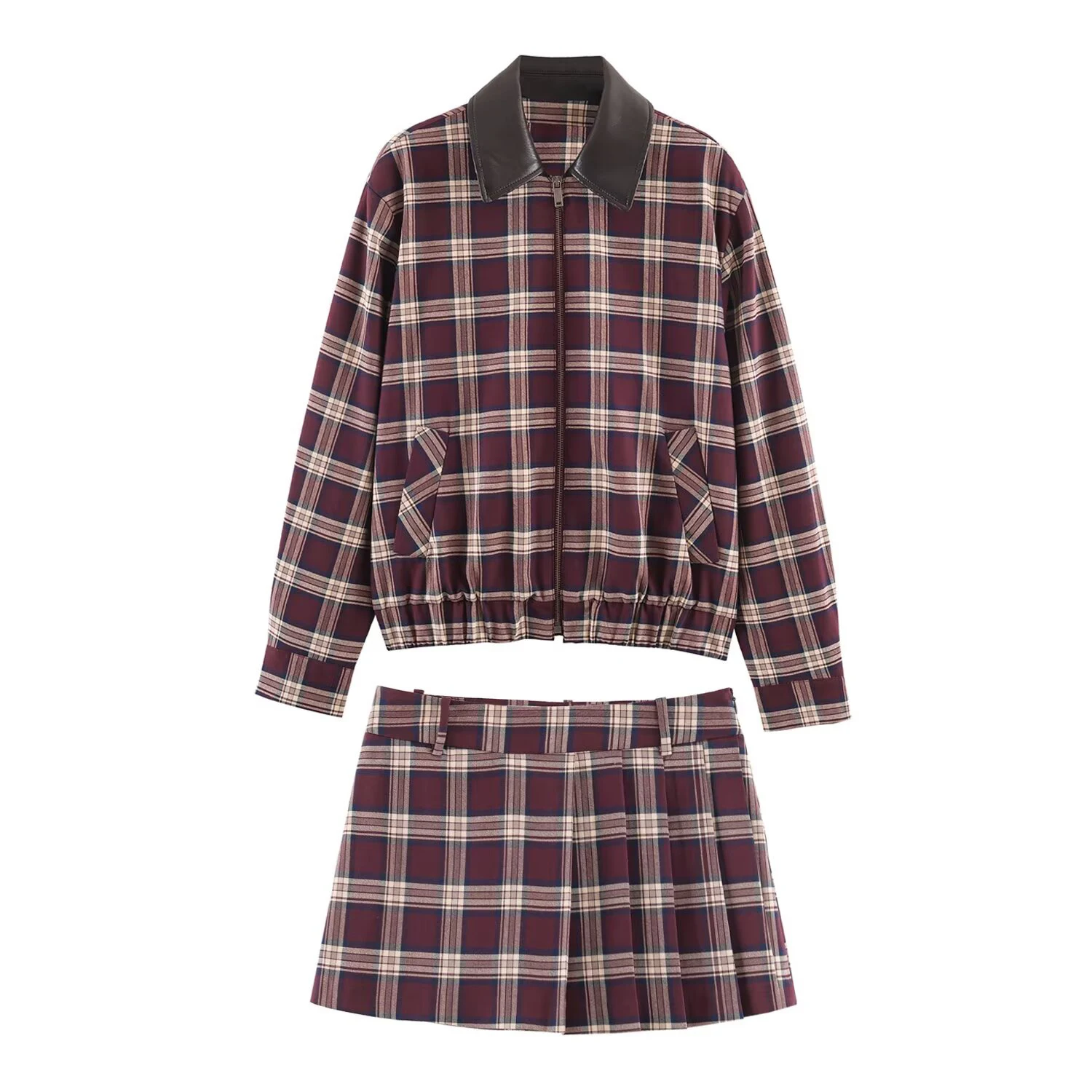 Winter neue Damenbekleidung, europäisches und amerikanisches Ledereffekt, karierte Reversjacke, kariertes, breites Faltenrock-Hosenset Image