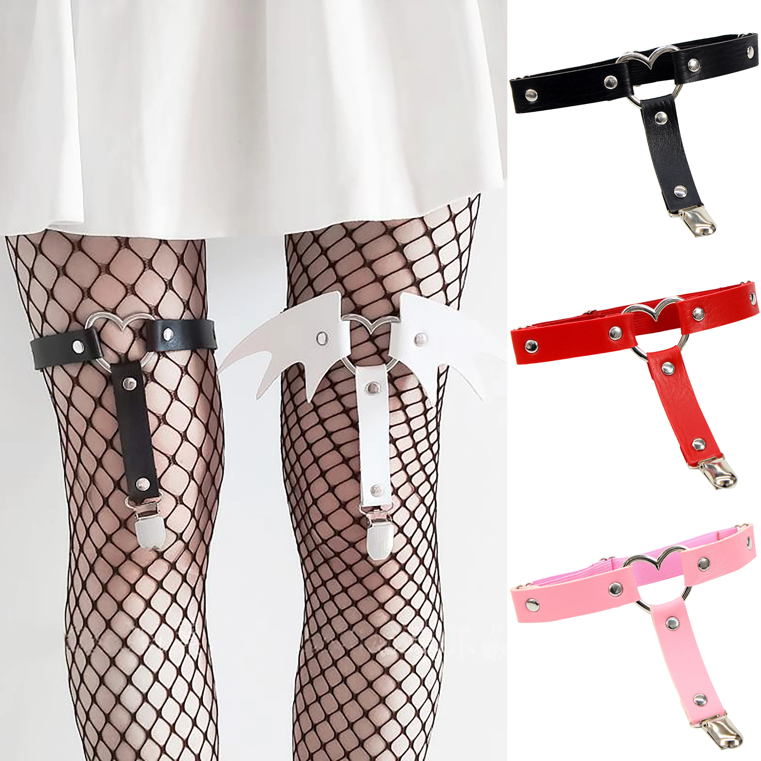 1 Stück T-förmiger Herz-PU-Leder-Strumpfhalter, Punk-Gothic, sexy, elastisches Bein-Harness, verstellbar, für Damen und Mädchen, Strumpfhalter, Bar-Party-Accessoires Image