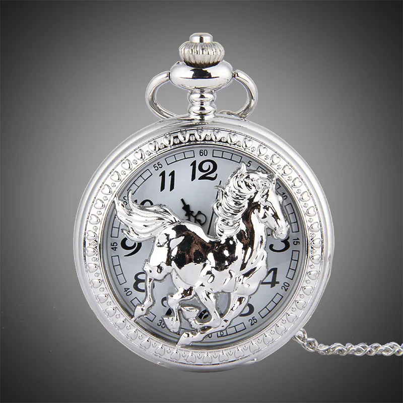 Tier Pferd Taschenuhr Herren männlich Silber hohl elegante Taschenuhr mit Kette Masculino Relogio Vintage Papa Geschenk uhr