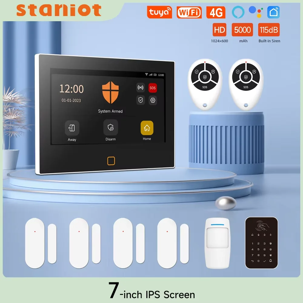 Staniot 7 inch hd alarmsystem drahtloses wifi 4g tuya smart home sicherheits schutz funktioniert mit alexa google app fernbedienung,Eingebaute Sirene 115db & 5000mAh Batterie Image