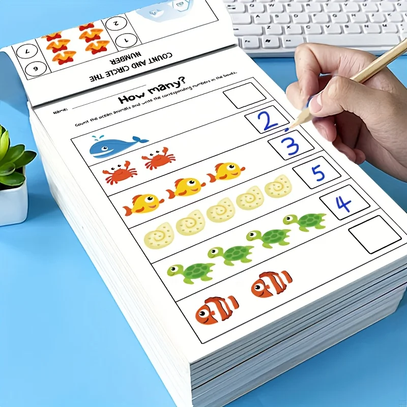 Interaktives Mathe-Arbeitsbuch für Vorschulkinder mit Zahlenverfolgung, Addition und Subtraktion, Arbeitsblättern – Aktivitäten für frühes Lernen Image