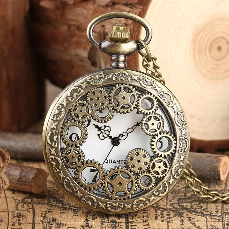 Neue Mode Retro Design Hohl Getriebe Fob Uhr Vintage Bronze Taschenuhr Halskette Kette Anhänger Quarz Uhren Geburtstag Geschenke Image