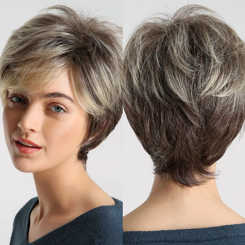 HENRY MARGU Dunkle Wurzel Ombre Braun Blonde Kurze Haare Perücken Flauschige Pixie Cut Synthetische Perücke für Schwarz Weiß Frauen Hitzebeständig Image