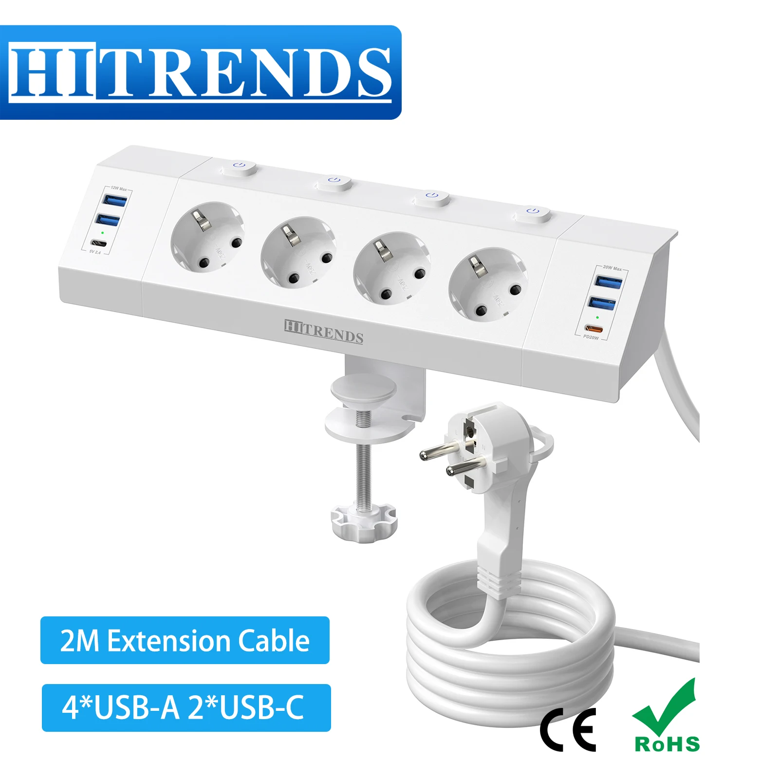 Desktop-USB-Steckdosenleiste mit individuellen Schaltern, Schreibtisch-EU-Stecker, mehrere Steckdosen mit USB C PD 20 W, 2 m Kabel für Zuhause Image