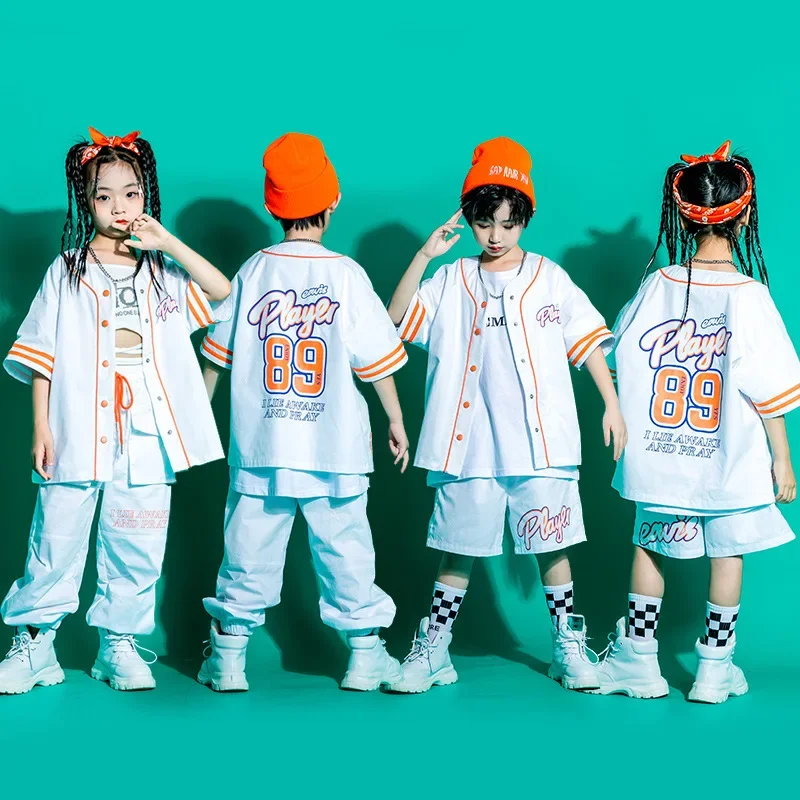Kind Kpop Hip Hop Kleidung Baseball Strickjacke Shirt Top Weiß Streetwear Cargo Jogger Hosen Shorts für Mädchen Jungen Jazz Dance Kostüm