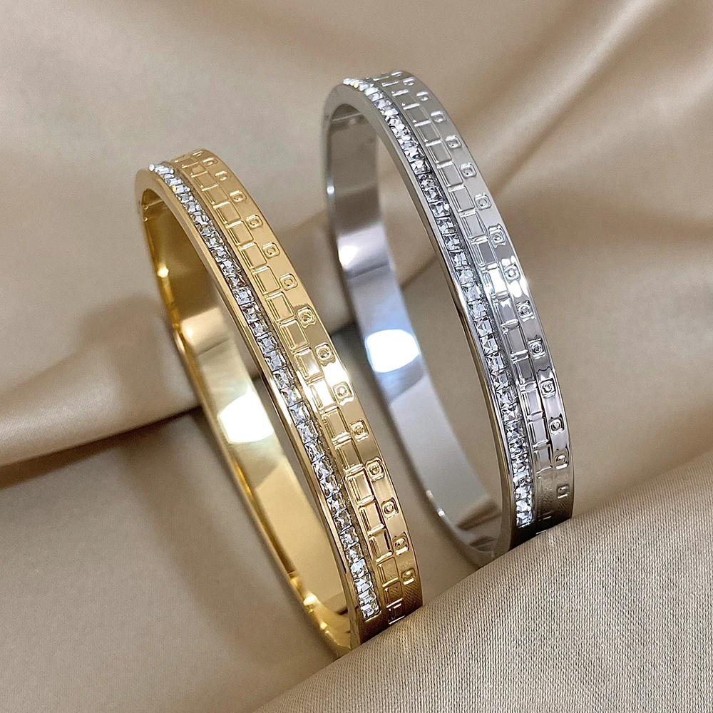 Einfache weiße Zirkon Edelstahl Armreifen Armbänder für Frauen Manschette Armband wasserdicht Hochzeit Schmuck Geschenke Zubehör Image