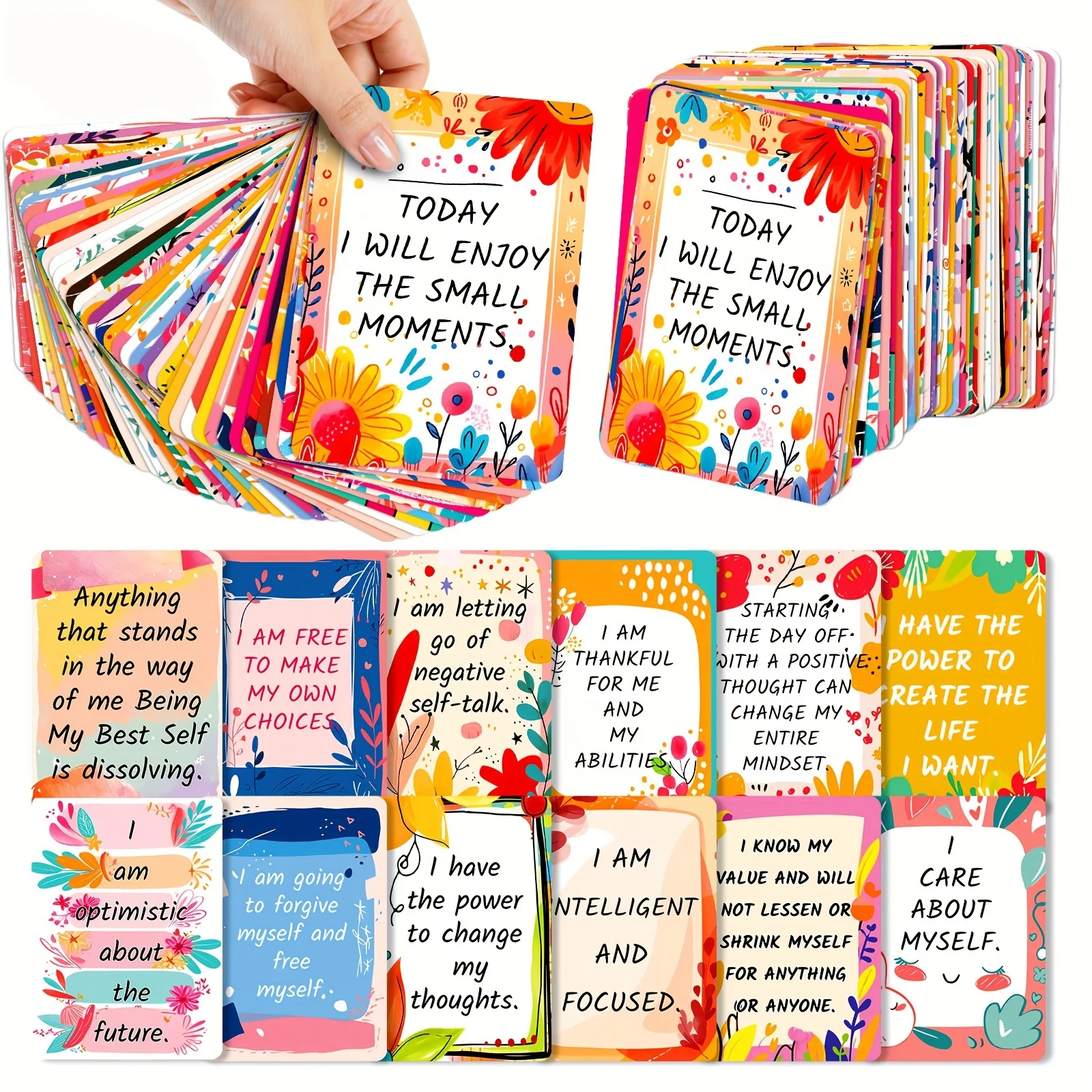 50 motivierende und positive Affirmationskarten mit bunten Designs und inspirierenden Zitaten Image