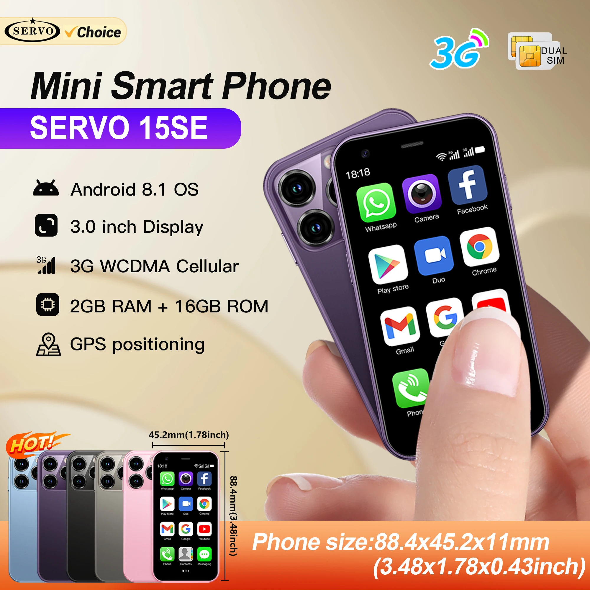 SERVO 15SE Mini-Smartphone 3G WCDMA WiFi Hotspot Android OS Play Store WhatsAPP 2 GB + 16 GB 2 SIM-Karte 3,0 Zoll Super kleines Smartphone