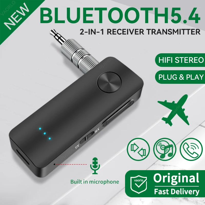 2-in-1 Bluetooth 5.4 Audio-Sender und -Empfänger, 3,5-mm-AUX, HiFi-Stereo-Musik-Drahtlosadapter mit Mikrofon für Auto, Flugzeug, TV, PC, Kopfhörer, Lautsprecher【Geeignet für Flugzeug-Audio】 Image