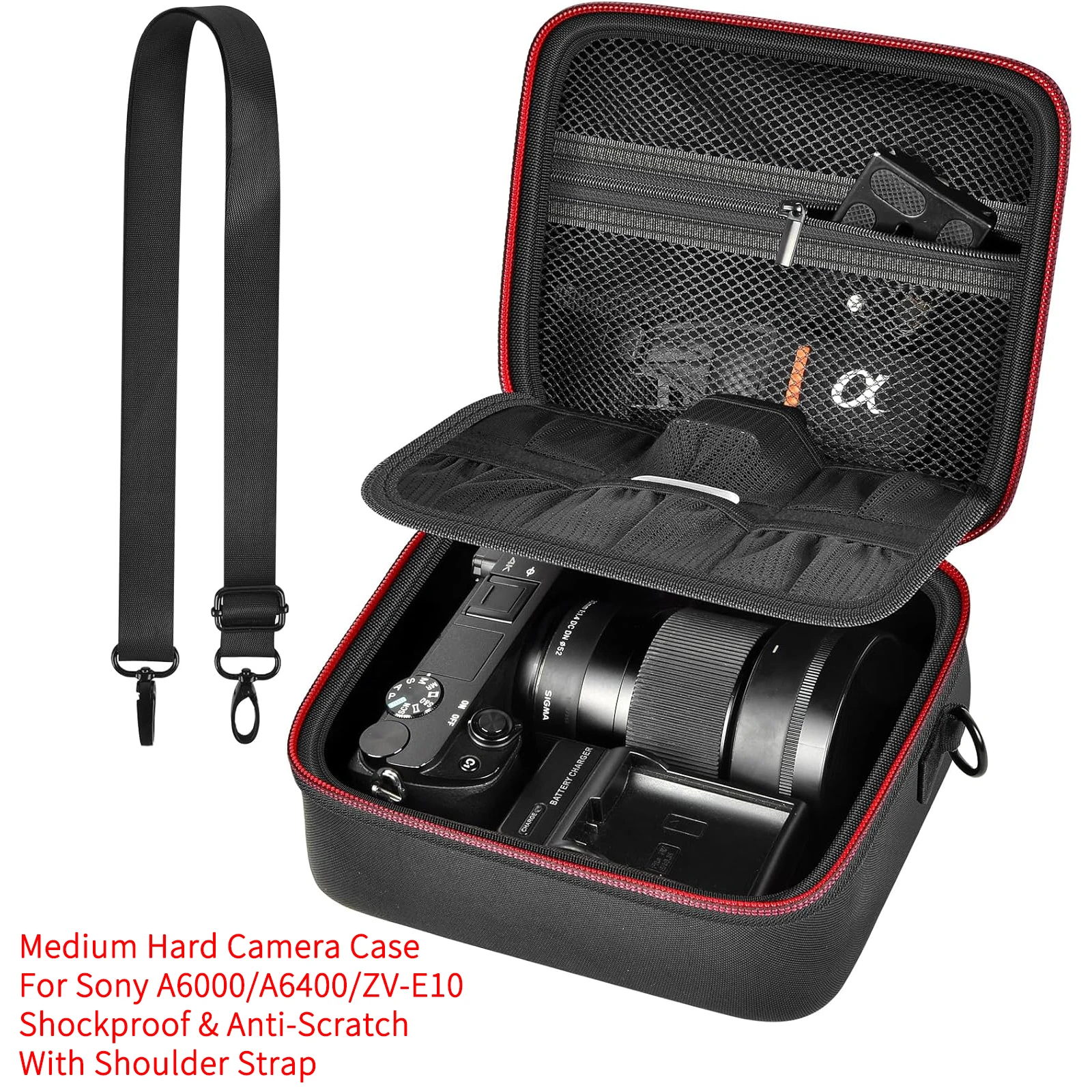 Hartschalenkameratasche für Sony ZV-E10 A6400 A6000 A6100 A6600 A6500 (Mittelgroß, nur Kit-Objektiv), Schutztasche mit Schultergurt & Trennwand Image