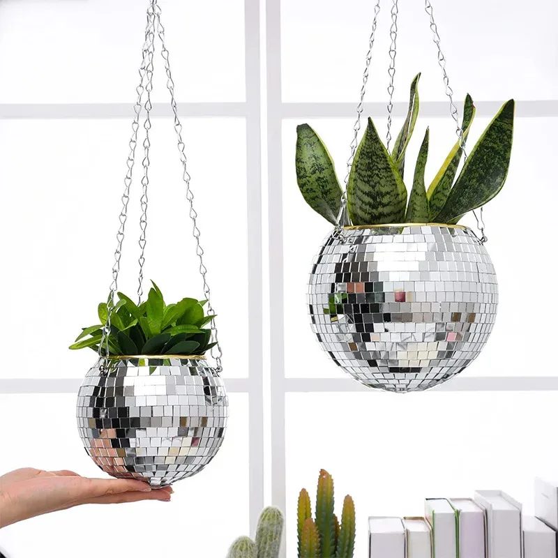 Blumentopf zum Aufhängen mit Disco-Kugel – Bohemian-Spiegelkorb aus Seil für Zimmerpflanzen, Garten- und Heimdekoration Image